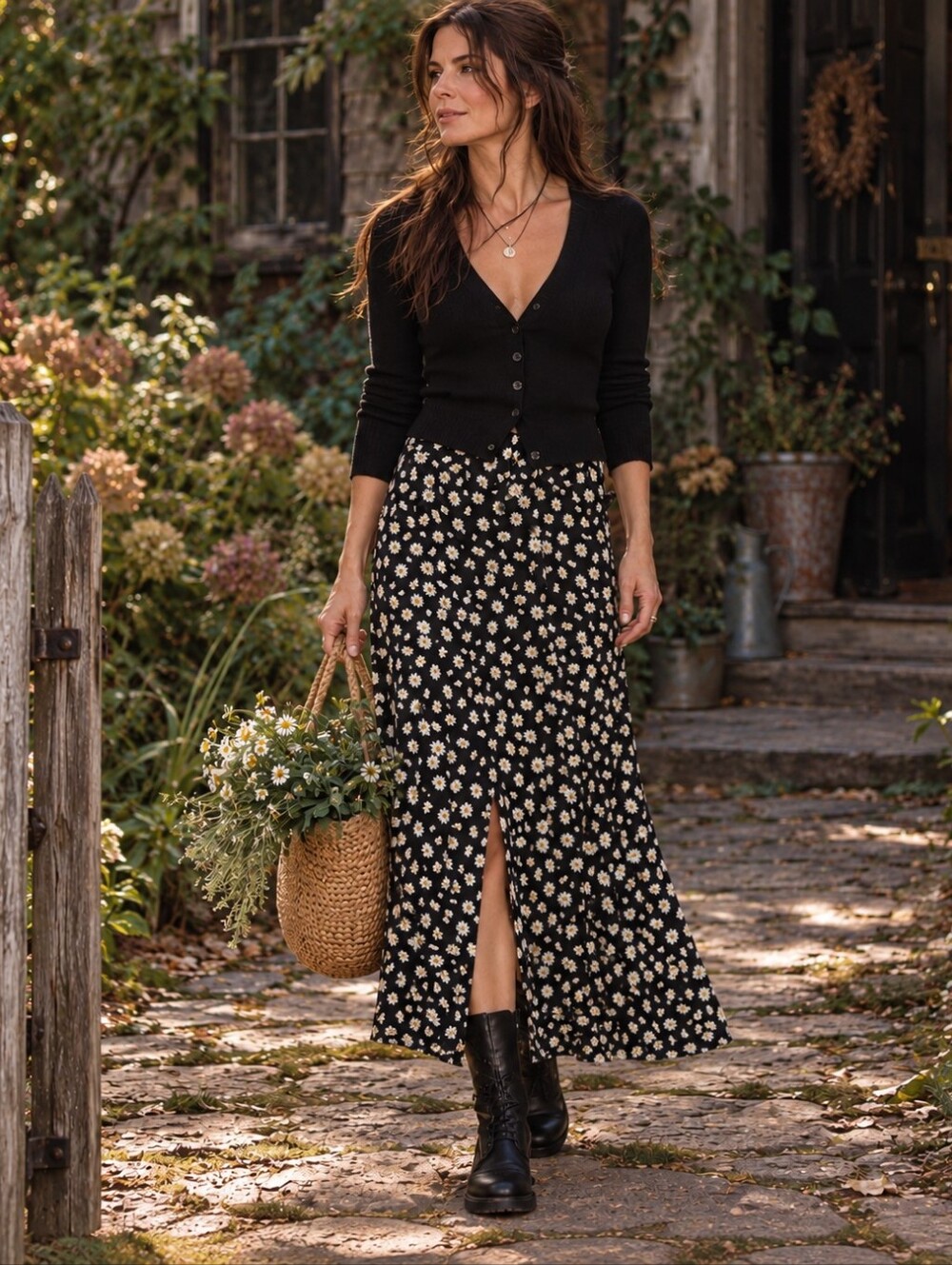 Zara Daisy Print Maxi Skirt 90s Dark Cottagecore Feminine Whimsigoth Women's L